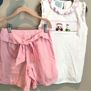 NWOT Southern Sunshine Embroidered Golf Cart Smocked Flutter Gingham Short Set 7